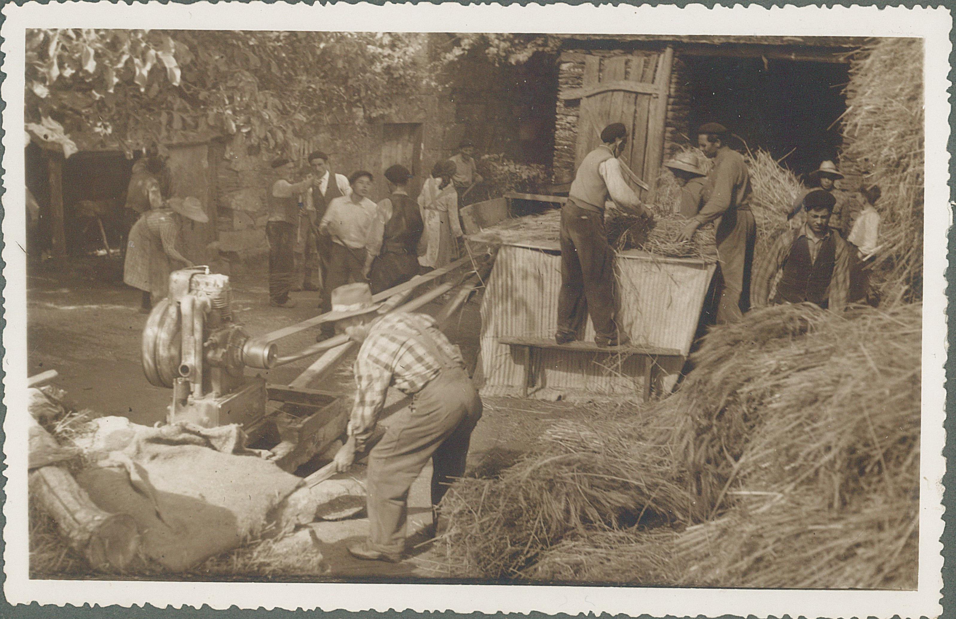 Malla tradicional, na que se batía o cereal cos mallos para separar o gran da palla, dos veciños de Pradeda, en Guntín, en 1955. Foto cedida por María Luisa López Liz.